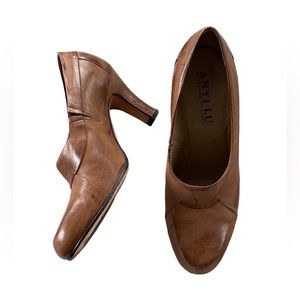 ANYI LU Cognac Brown Leather Heeled Pumps Size 37.5 Handmade in Italy